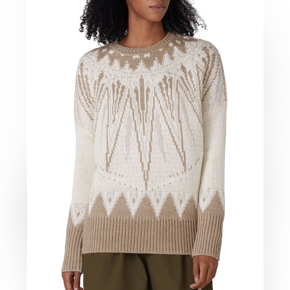 Adam Lippes Collective Fair Isle Wool Blend Crew Neck Sweater Cream Brown Large